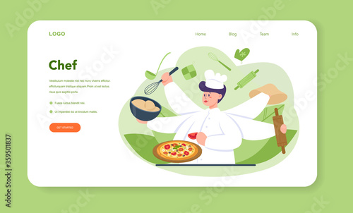 Pizzeria web banner or landing page. Chef cooking tasty delicious