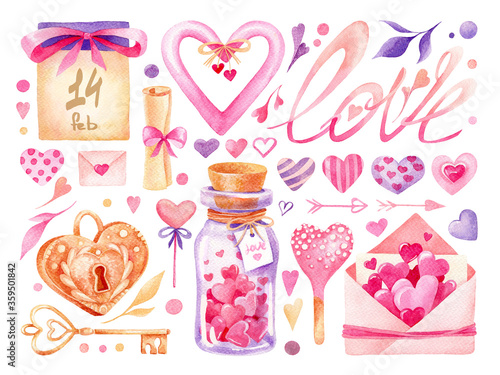 Happy Valentine`s day watercolor set with cute elements, vintage lock and key, cute bank, lettering, hearts, branches,letter, pink, purple, yellow on white background isolated.