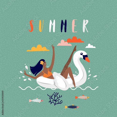 Summer beach cartoon vector illustration with young women on the float