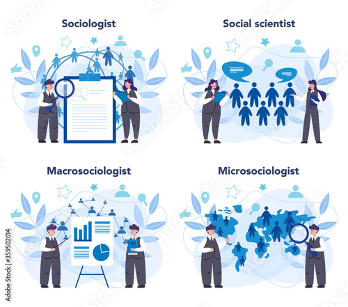 Sociologist concept set. Scientist study of society, pattern of social