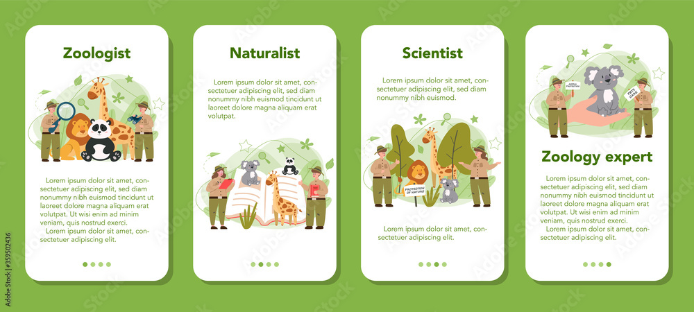 Zoologist mobile application banner set. Scientist exploring