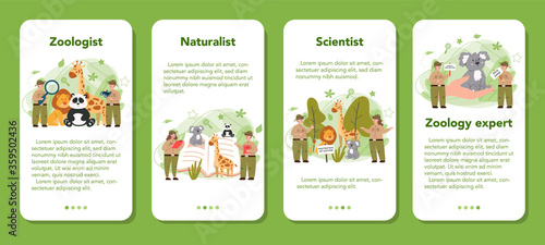 Zoologist mobile application banner set. Scientist exploring