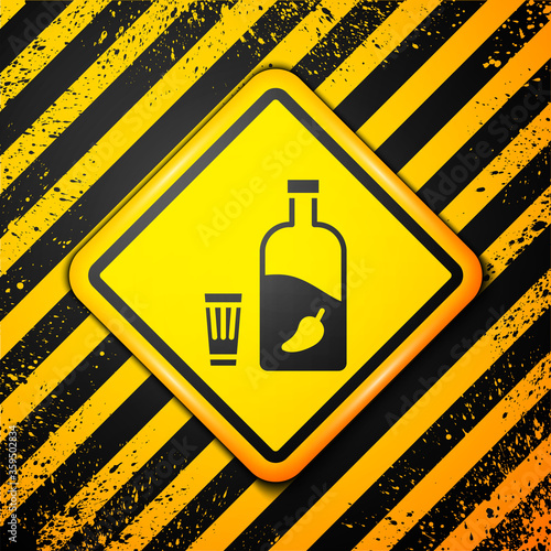 Black Vodka with pepper and glass icon isolated on yellow background. Ukrainian national alcohol. Warning sign. Vector Illustration