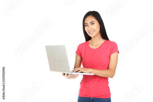 Young woman with laptop computer on white background