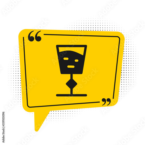 Black Wine glass icon isolated on white background. Wineglass sign. Yellow speech bubble symbol. Vector Illustration