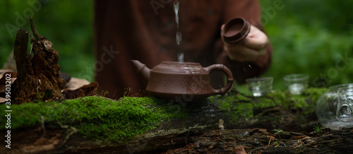 Man pouring water in clay teapot near glass tea bowls and cha hai in forest