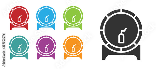 Black Wooden barrel on rack with stopcock icon isolated on white background. Set icons colorful. Vector Illustration