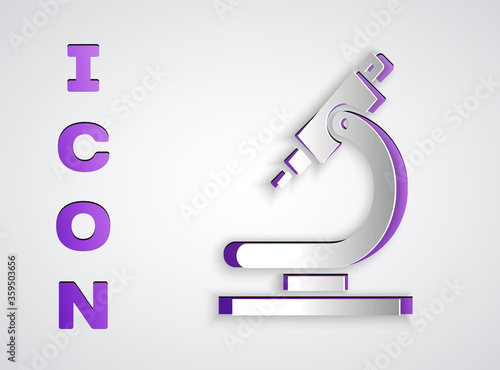 Paper cut Microscope icon isolated on grey background. Chemistry, pharmaceutical instrument, microbiology magnifying tool. Paper art style. Vector Illustration