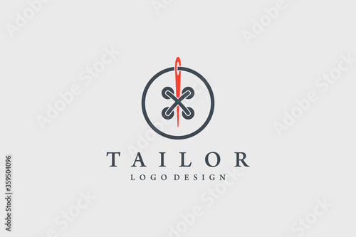 Tailor Logo. Red Needle with Black Circle Line Thread and Buttonhole Combination isolated on Vintage Background. Usable for Garment and Handmade Logos. Flat Vector Logo Design Template Element.