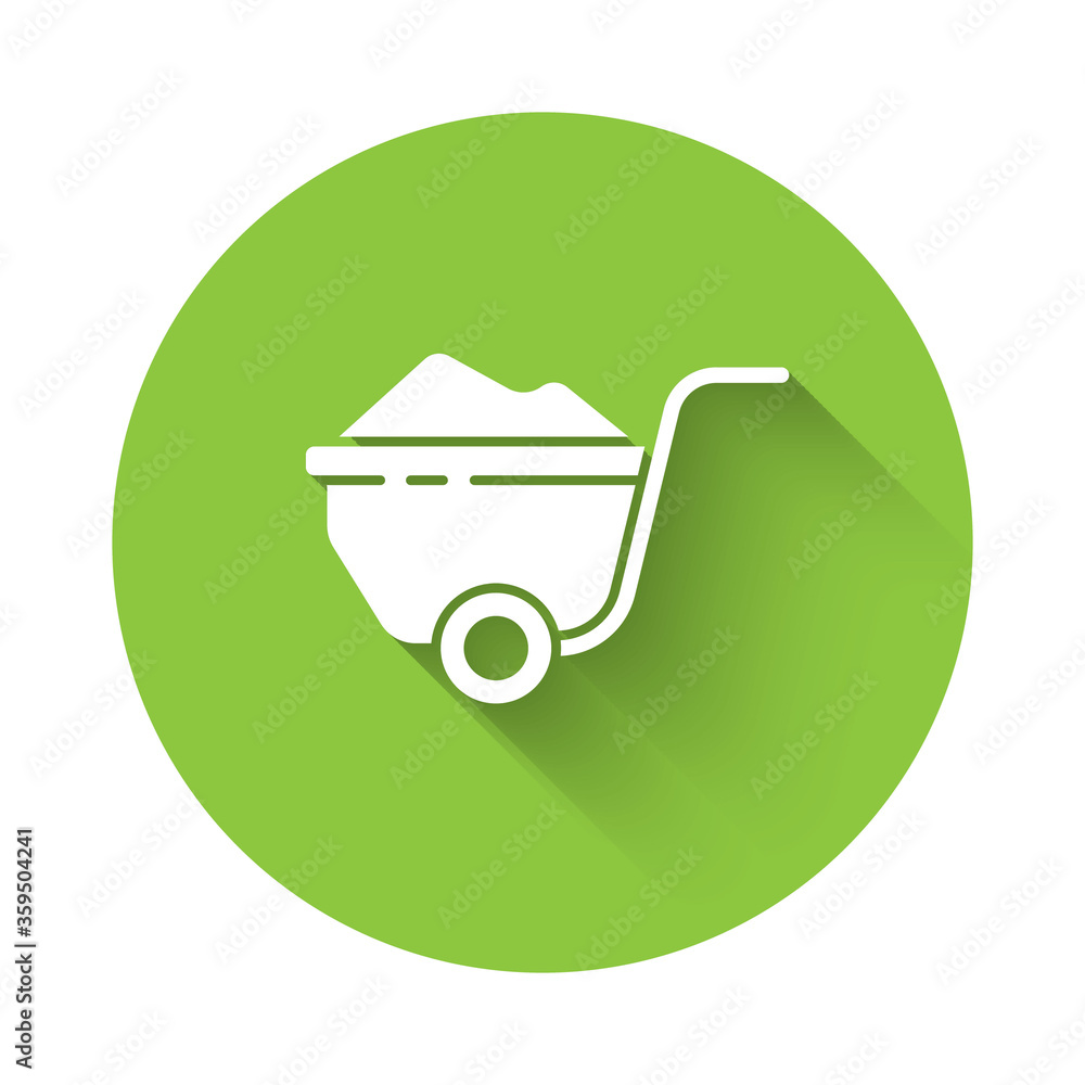 White Wheelbarrow with dirt icon isolated with long shadow. Tool equipment. Agriculture cart wheel farm. Green circle button. Vector Illustration White Wheelbarrow with dirt icon isolated with long shadow. Tool equipment. Agriculture cart wheel farm. Green circle button. Vector Illustration