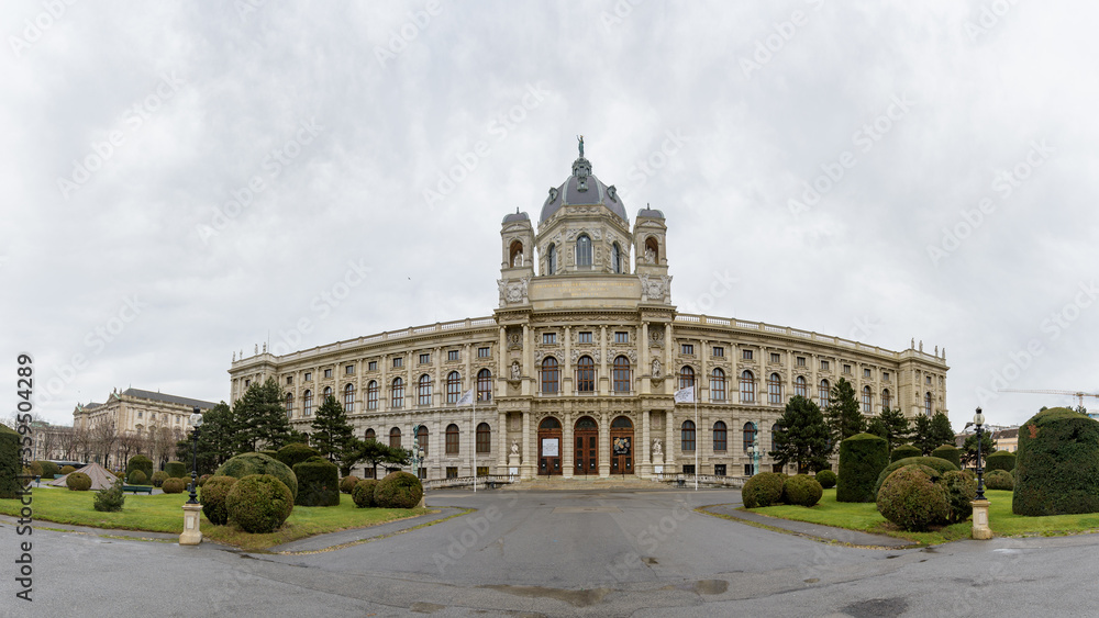 Panorama exterior of Museum of Art History (The Kunsthistorisches Museum), housed in its festive palatial building on Ringstrasse, it is crowned with an octagonal dome.