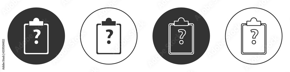 Black Clipboard with question marks icon isolated on white background. Survey, quiz, investigation, customer support questions concepts. Circle button. Vector Illustration Black Clipboard with question marks icon isolated on white background. Survey, quiz, investigation, customer support questions concepts. Circle button. Vector Illustration