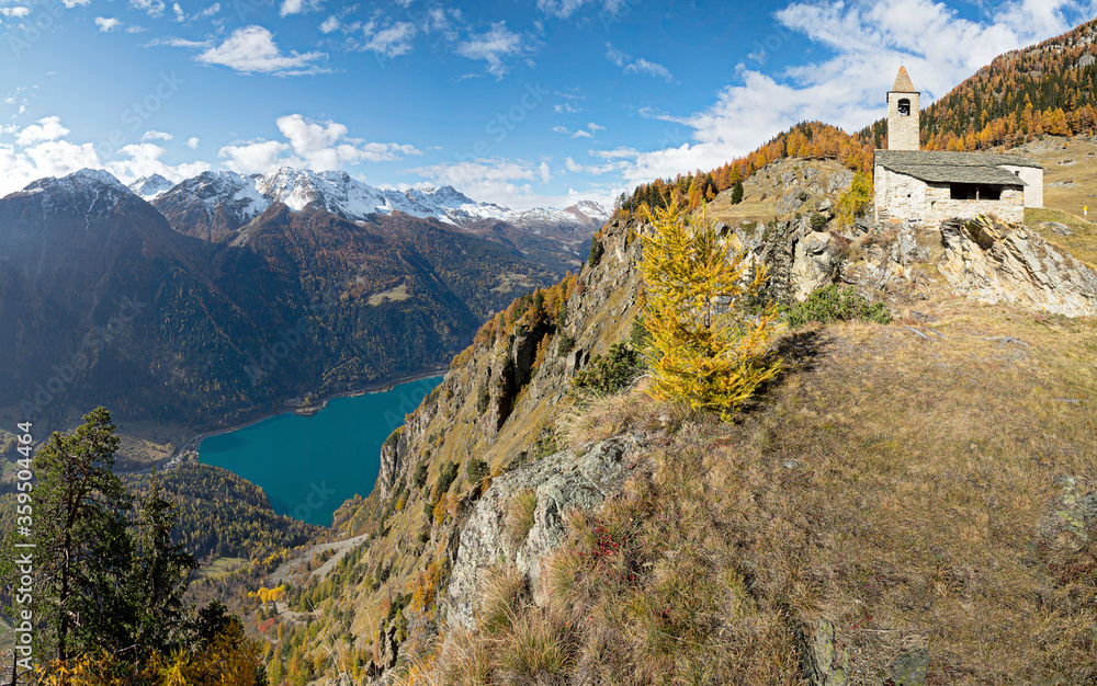 Panoramic view from the church of San Romerio on the lake of Poschiavo, Canton Grisons, Switzerland