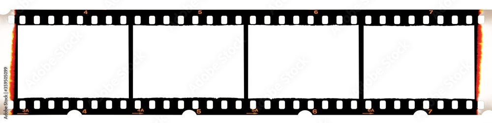 Camera film strip, isolated on white background, film strip with no pictures on it, Real high-res 35mm photo scan
