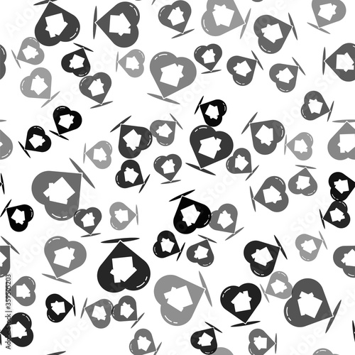 Black House with heart shape icon isolated seamless pattern on white background. Love home symbol. Family, real estate and realty. Vector Illustration