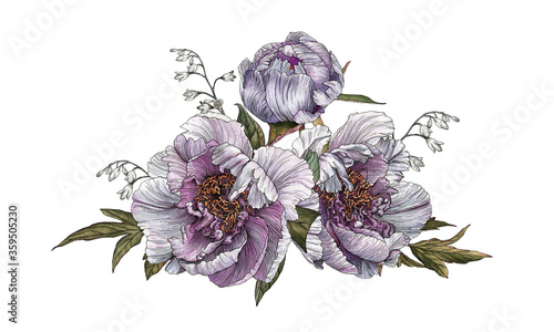 Bouquet of watercolor hand drawn violet peonies. Greeting card. Illustration