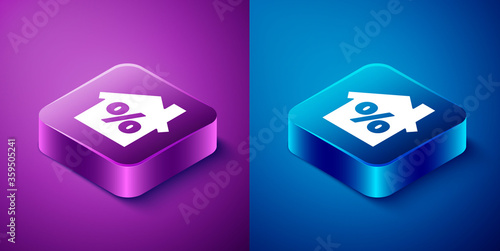 Isometric House with percant discount tag icon isolated on blue and purple background. Real estate home. Credit percentage symbol. Square button. Vector Illustration