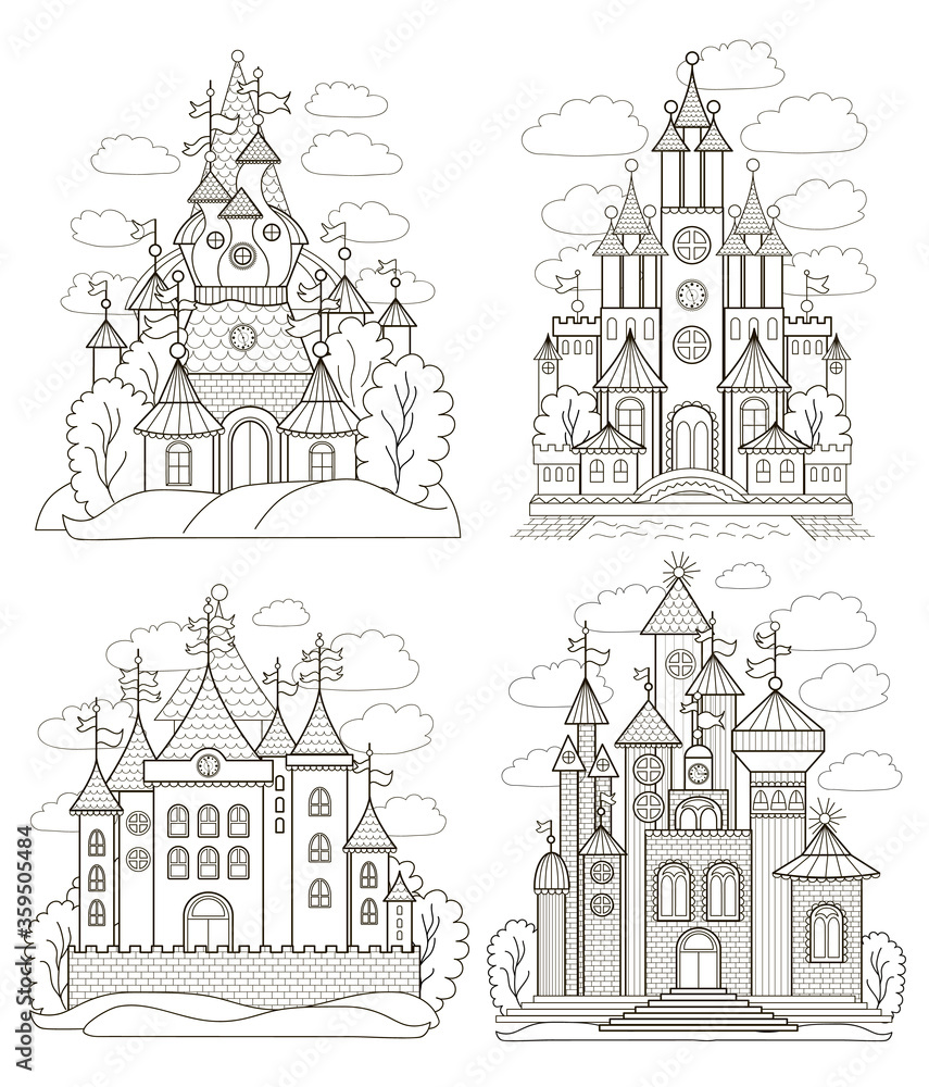 Vector illustration for children with fairy castle and landscape (flat concept, coloring book)