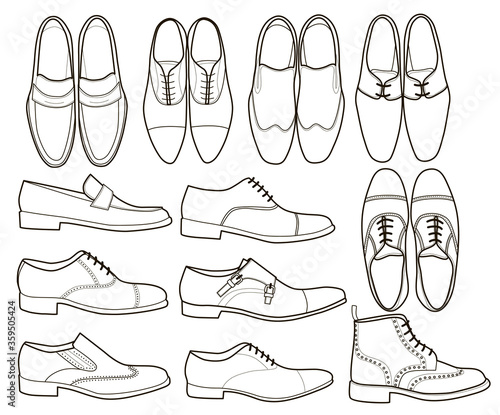 collection of men footwear isolated on white background (coloring book).