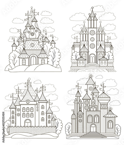 Vector illustration for children with fairy castle and landscape (flat concept, coloring book)