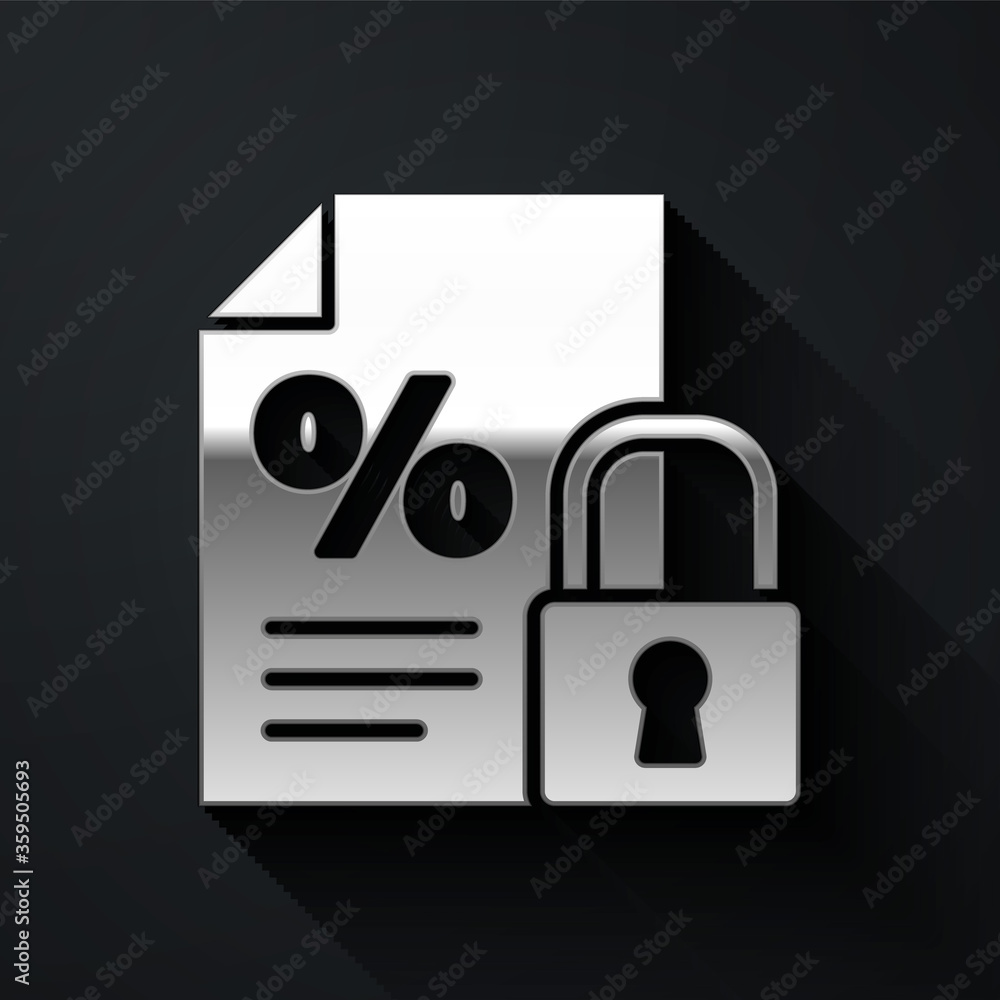 Silver Finance document and lock icon isolated on black background. Paper bank document for invoice or bill concept. Long shadow style. Vector Illustration Silver Finance document and lock icon isolated on black background. Paper bank document for invoice or bill concept. Long shadow style. Vector Illustration