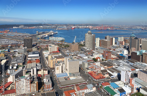 Durban, Kwa-Zulu Natal / South Africa - 07/17/2018: Aerial photo Durban CBD with Durban Harbour in the background