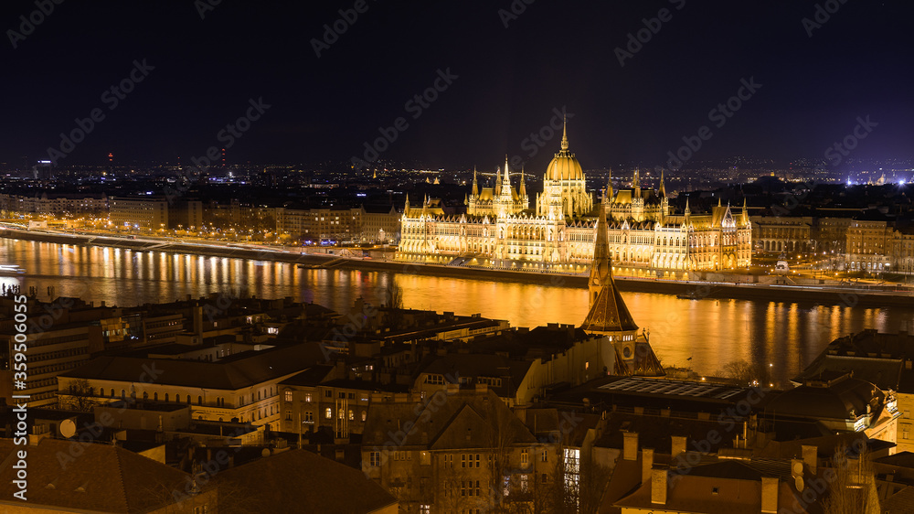 Obraz premium View from the Fisherman’s Bastion, night scene of Budapest Parliament building and Danube river, travel Hungary background