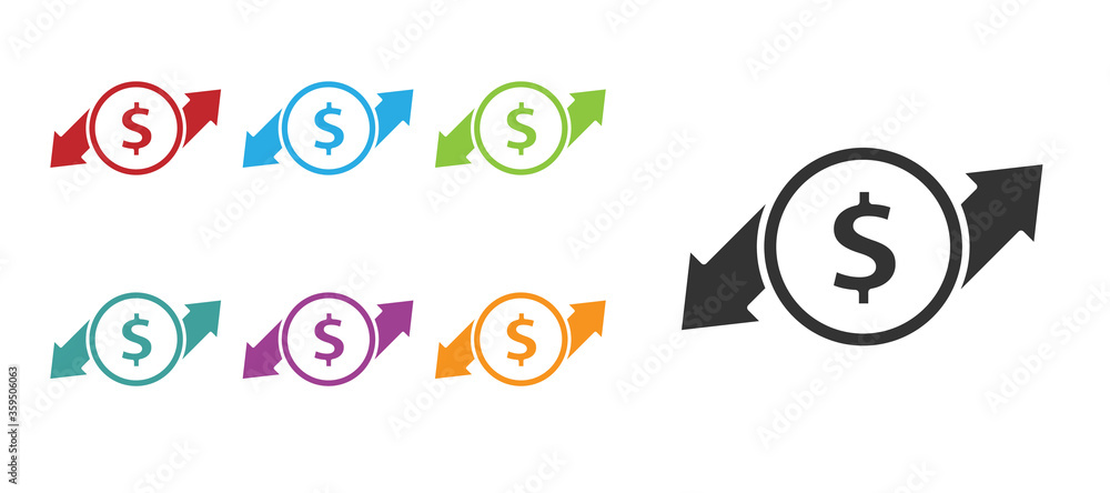 Black Financial growth and dollar coin icon isolated on white background. Increasing revenue. Set icons colorful. Vector Illustration