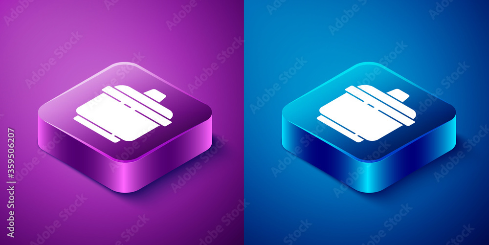 Isometric Cooking pot icon isolated on blue and purple background. Boil or stew food symbol. Square button. Vector Illustration Isometric Cooking pot icon isolated on blue and purple background. Boil or stew food symbol. Square button. Vector Illustration