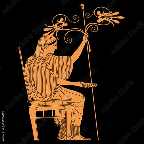 Ancient Greek goddess or woman sitting on throne and holding flower branch and bowl. Vase painting style. Demeter or Persephone.
