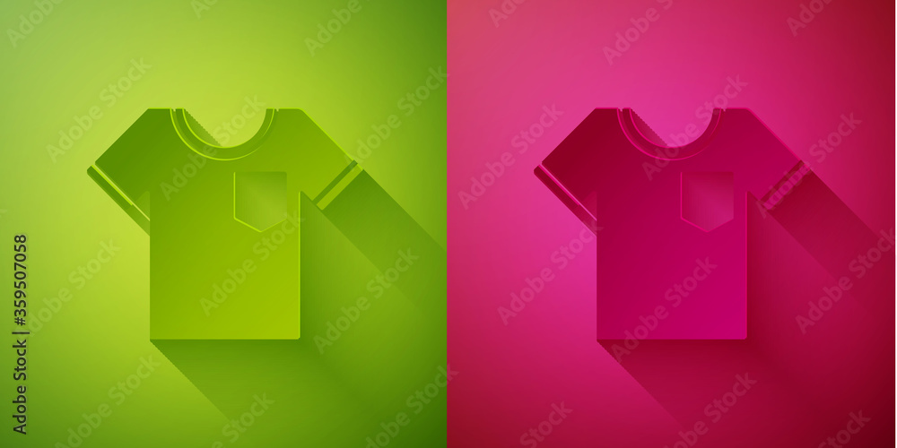Paper cut T-shirt icon isolated on green and pink background. Paper art style. Vector Illustration Paper cut T-shirt icon isolated on green and pink background. Paper art style. Vector Illustration