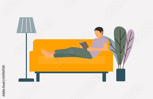 Self-quarantine concept. Covid-19 virus in air. Staying home with self quarantine. Protect from viruses. Stay at home during the coronavirus epidemic. Work at home during isolation. Vector