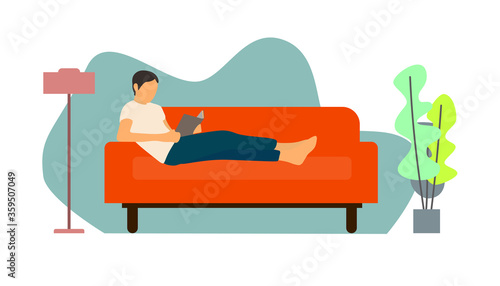 Self-quarantine concept. Covid-19 virus in air. Staying home with self quarantine. Protect from viruses. Stay at home during the coronavirus epidemic. Work at home during isolation. Vector