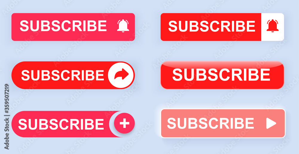 Big collection buttons subscription. Blog, vlog, social media, motion, marketing isolated subscribe red button on white background. Vector illustration Big collection buttons subscription. Blog, vlog, social media, motion, marketing isolated subscribe red button on white background. Vector illustration