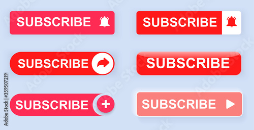 Big collection buttons subscription. Blog, vlog, social media, motion, marketing isolated subscribe red button on white background. Vector illustration