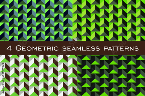 Set of 4 geometric seamless patterns. Geometric shapes in the correct order. Backgrounds of bright colors.