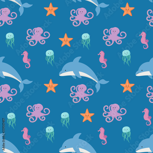 Underwater animals seamless pattern. Cute vector illustration in cartoon style