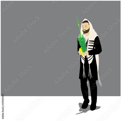 Vector illustration of a Jewish religious orthodox man. follower. Wrapped in a prayer shawl, he holds the four species of Sukkot: lulav, etrog, myrtle, willow.