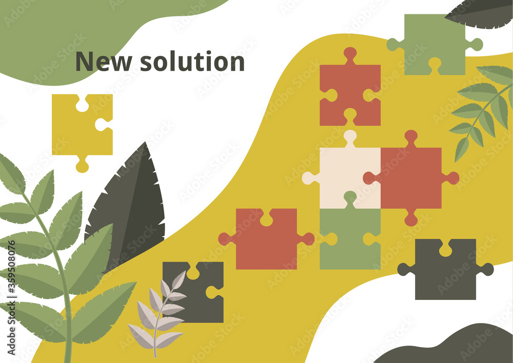 Puzzle piece on background with leaves. The concept of teamwork, collaboration, finding a solution. Vector Puzzle piece on background with leaves. The concept of teamwork, collaboration, finding a solution. Vector