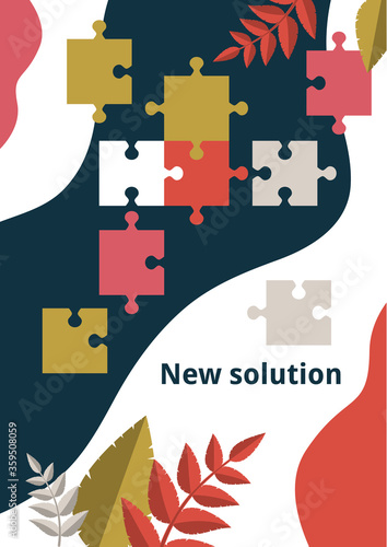 Puzzle piece on background with leaves. The concept of teamwork, collaboration, finding a solution. Vector
