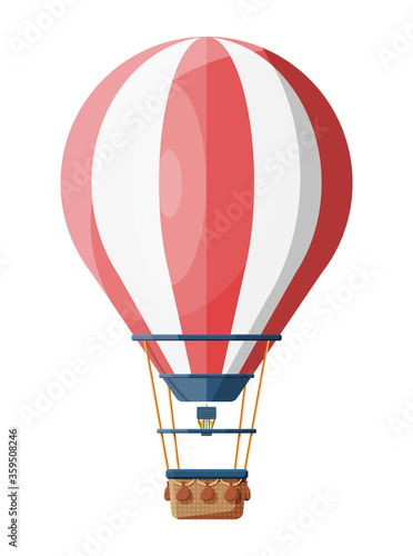 Hot air balloon isolated on white. Vintage air transport. Aerostat with basket. Flat vector illustration