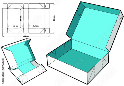 Cake Box (Internal measurement 16x 13+ 4cm) and Die-cut Pattern. The .eps file is full scale and fully functional. Prepared for real cardboard production. photo