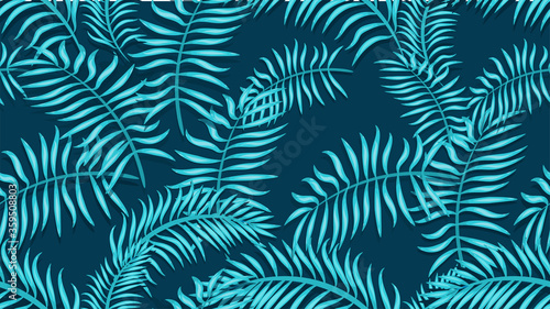 Seamless palm leaves pattern. Blue leaves on blue background