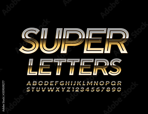 Vector Super Gold Alphabet letters and Numbers. Glossy chic Font