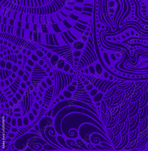 Monochrome pattern doodle style abstract ornament, violet outline, isolated on dark purple background.