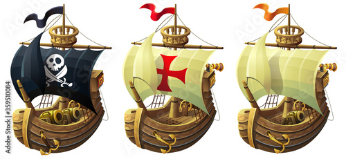 vector set of ships isolated on white background. A commercial and pirate ship with a cannon.