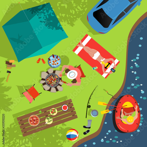 Family camping at the river bank camp sight, aerial view, EPS 8 vector illustration	

