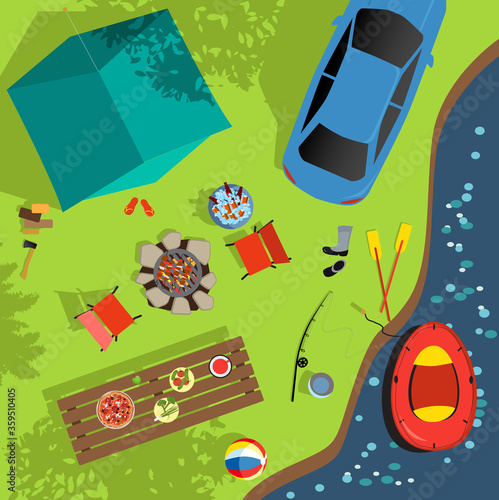 Aerial view of a camping sight near the water, including a tent, an inflatable boat, fire pit, picnic table, sport and recreational items and a parked car, EPS 8 vector illustration