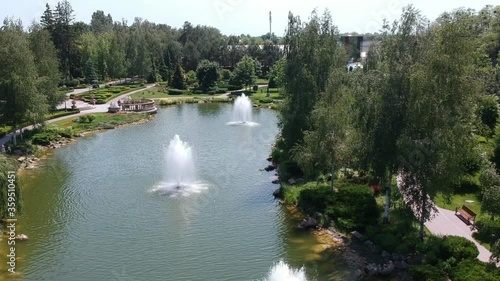 Aerial view, Mezhyhirya residence of the former president of Ukraine Viktor Yanukovych. Beautiful lakes with fountains. Drone