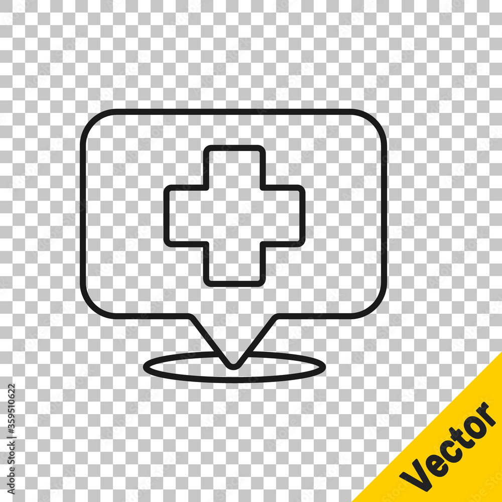 Obraz premium Black line Medical map pointer with cross hospital icon isolated on transparent background. Vector Illustration